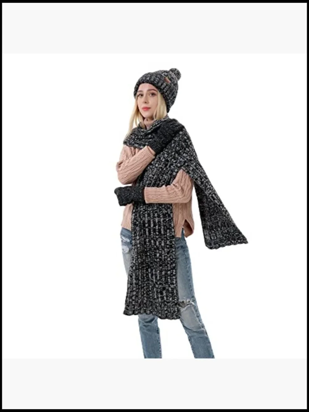 Winter Knitted Beanie Hat Long Scarf Touch Screen Gloves Set for Women